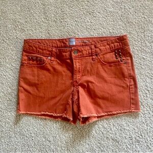 Mossimo Red Orange Frayed + Studded Denim Shorts | Women | Small (6)